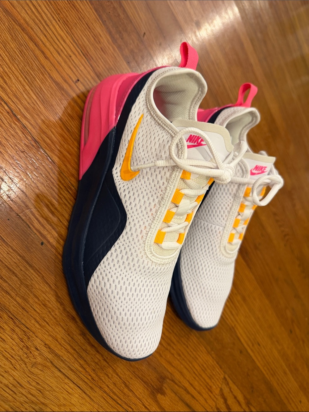 size 8.5 Nike Kids White Mesh Sneakers with Pink Heel and Swoosh use no box